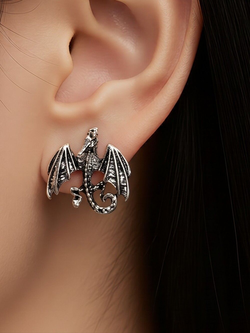 Antiqued Silver Dragon Stud Earrings Viking Gothic Mythical Fantasy Jewelry NWT